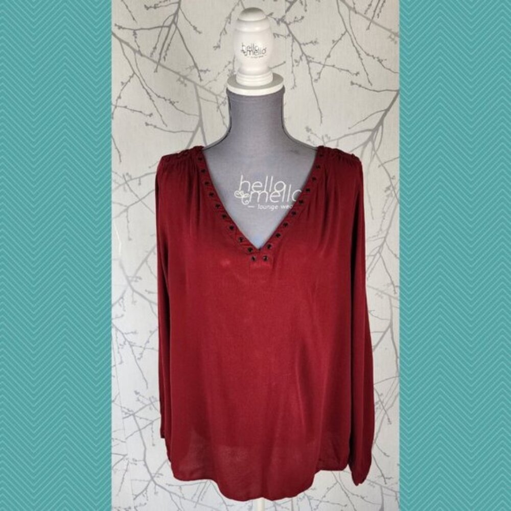 Reitman's Red Grommet Lace Up Detail V-Neck Blouse